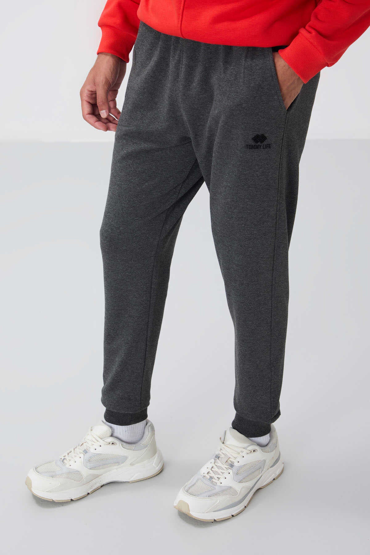 Tommylife Toptan Antrasit Melanj Klasik Cepli Standart Kalıp Manşetli Erkek Eşofman Alt - 84652
