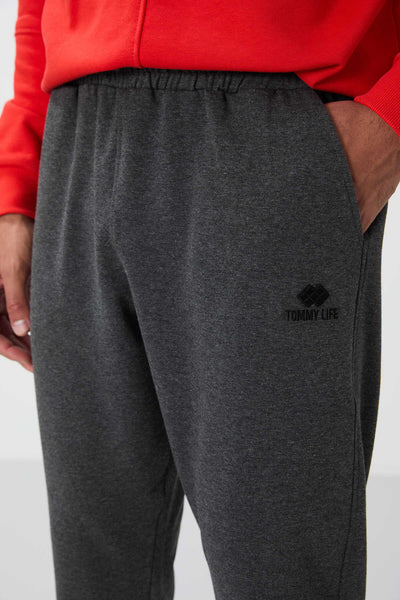 Pantaloni de trening pentru bărbați, cu croială standard și manșete, culoare antracit melanj, Tommylife Wholesale - 84652