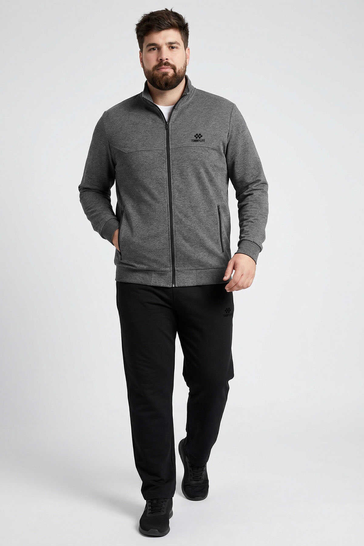 Tommylife Wholesale Anthracite Melange - Black Stand Collar Classic Leg Plus Size Men's Tracksuit Set - 85176