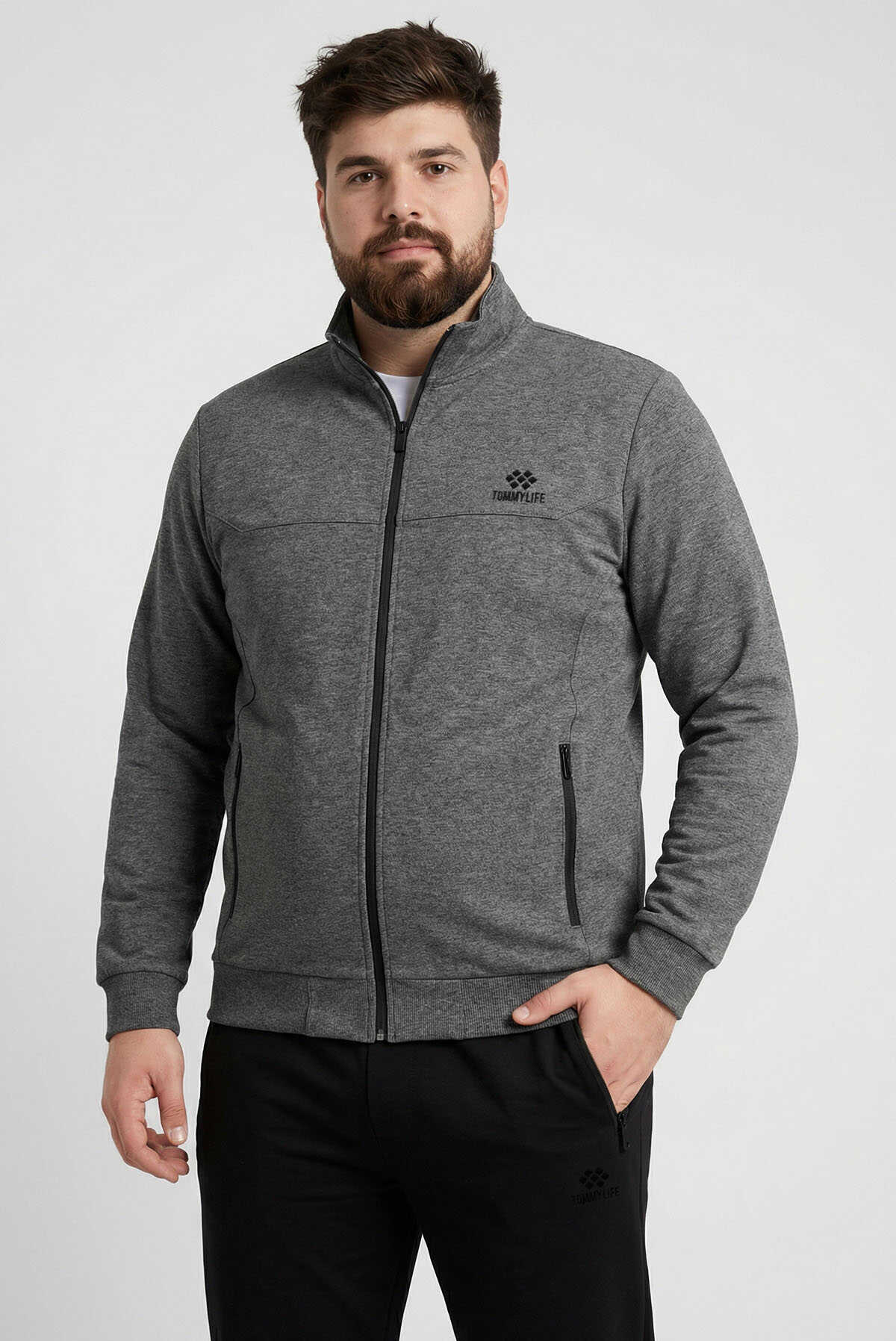 Tommylife Wholesale Anthracite Melange - Black Stand Collar Classic Leg Plus Size Men's Tracksuit Set - 85176
