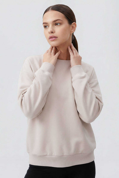 Tommylife Toptan Bej Basic O Yaka Oversize Kadın Sweatshirt - 97053