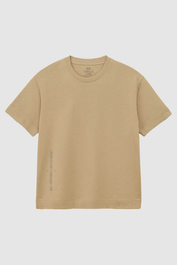 Tommylife Toptan Bej Baskılı O Yaka Rahat Form Battal Büyük Beden Erkek T-Shirt - 88472