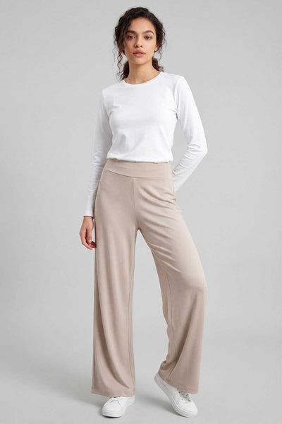 Tommylife Toptan Bej Comfort Fit Geniş Paça Korsajlı Palazzo Kadın Pantolon - 94681