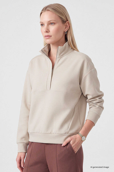 Hanorac de damă Tommylife Wholesale, bej, cu guler înalt și fermoar, croială lejeră - 97314