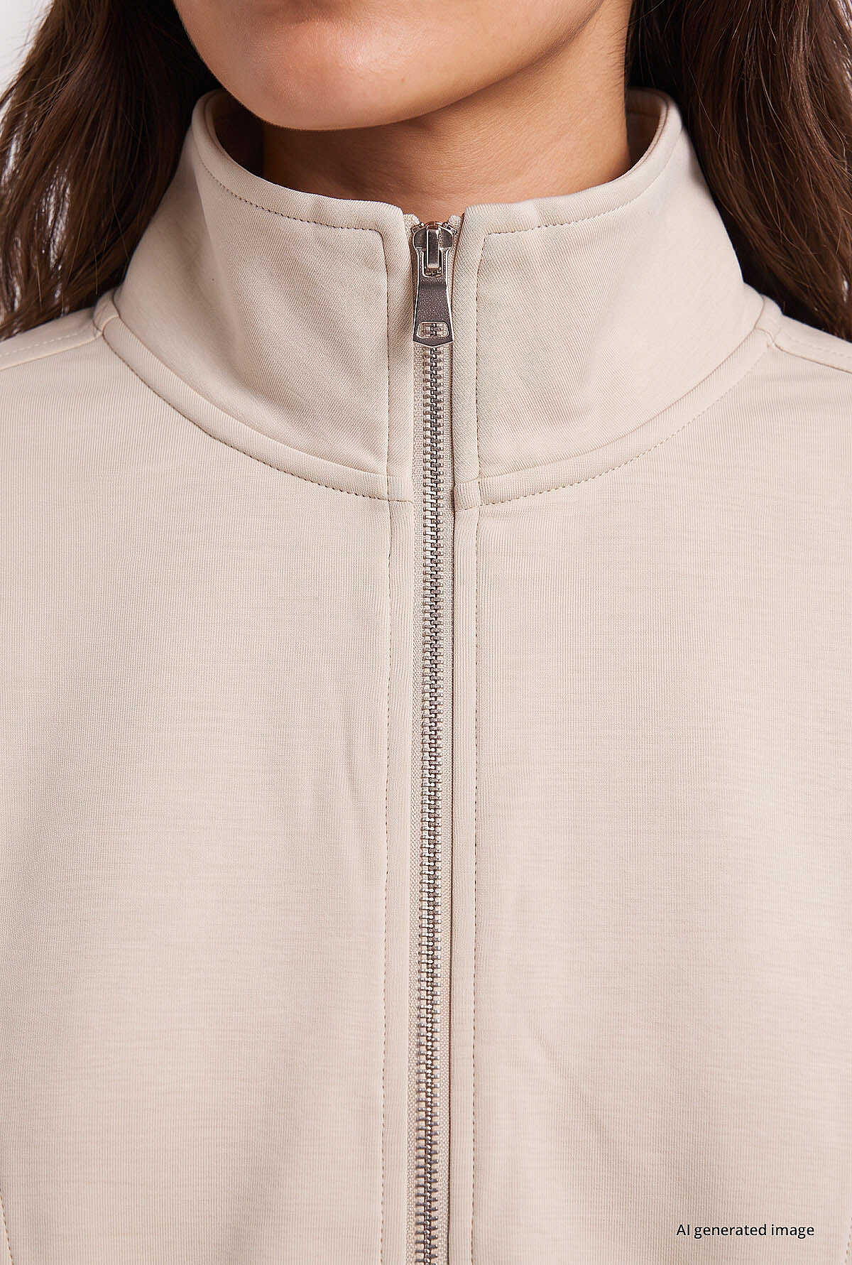 Tommylife Toptan Bej Dik Yaka Standart Kalıp Crop Kadın Sweatshirt - 97317