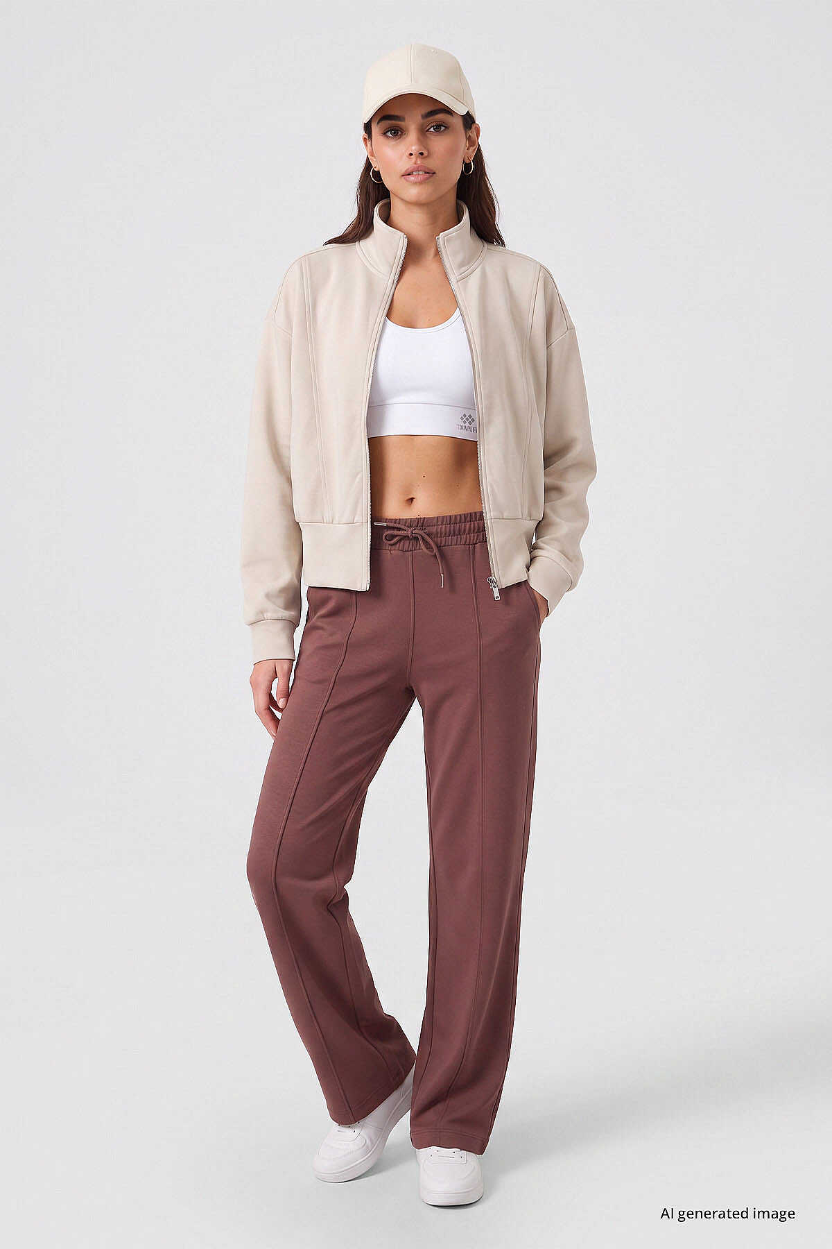 Tommylife Toptan Bej Dik Yaka Standart Kalıp Crop Kadın Sweatshirt - 97317