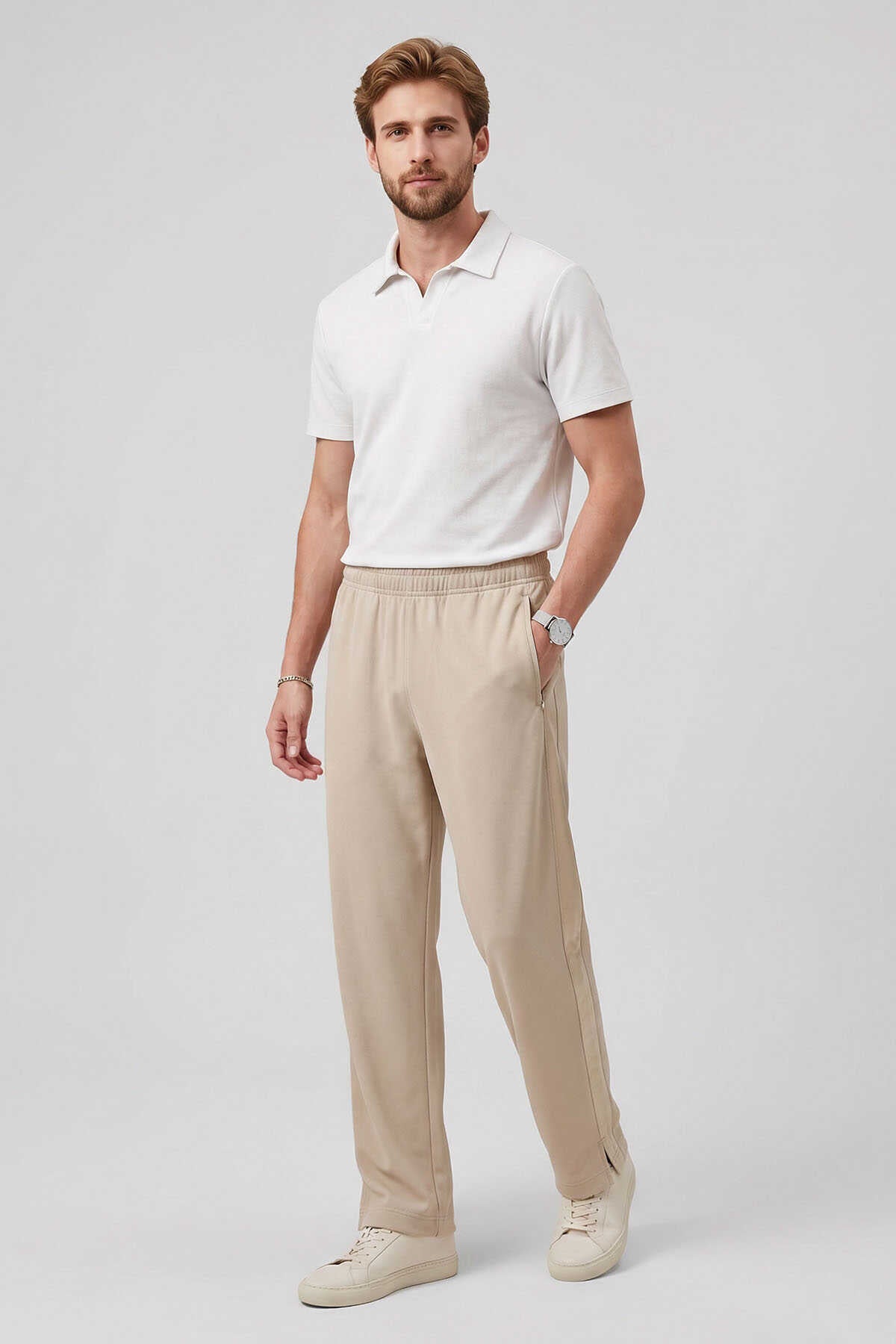 Pantaloni de trening palazzo pentru bărbați, bej, cu curea, croială confortabilă, Tommylife, en-gros - 82196