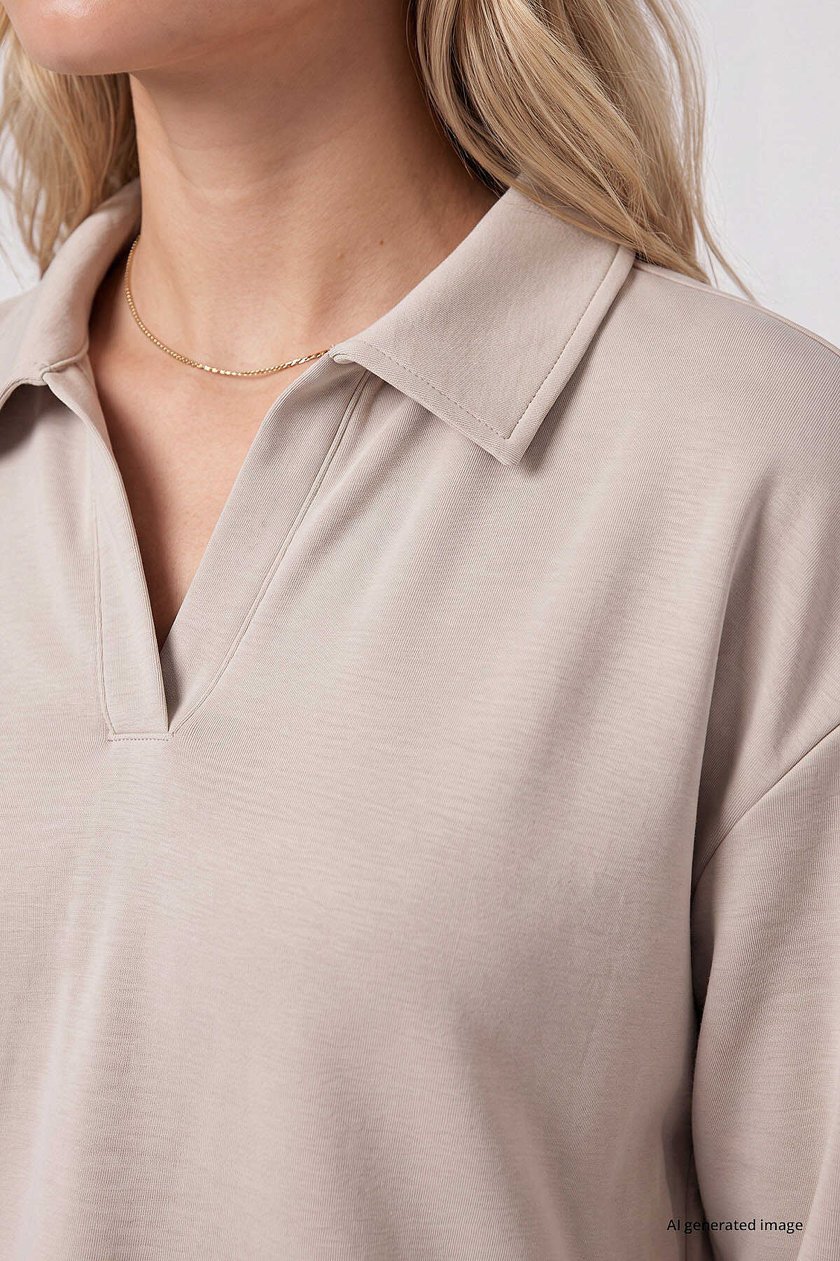 Tommylife Toptan Bej Polo Yaka Rahat Form Geniş Paça Kadın Eşofman Takım - 95358
