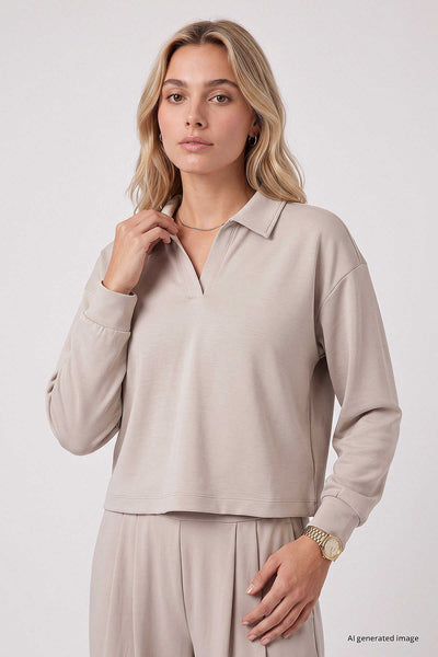 Tommylife Toptan Bej Polo Yaka Rahat Form Geniş Paça Kadın Eşofman Takım - 95358