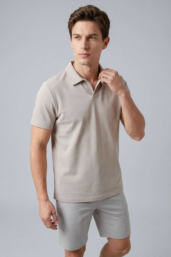 Tommylife Toptan Bej Rahat Form Yumuşak Dokulu Polo Yaka Erkek T-Shirt - 88496