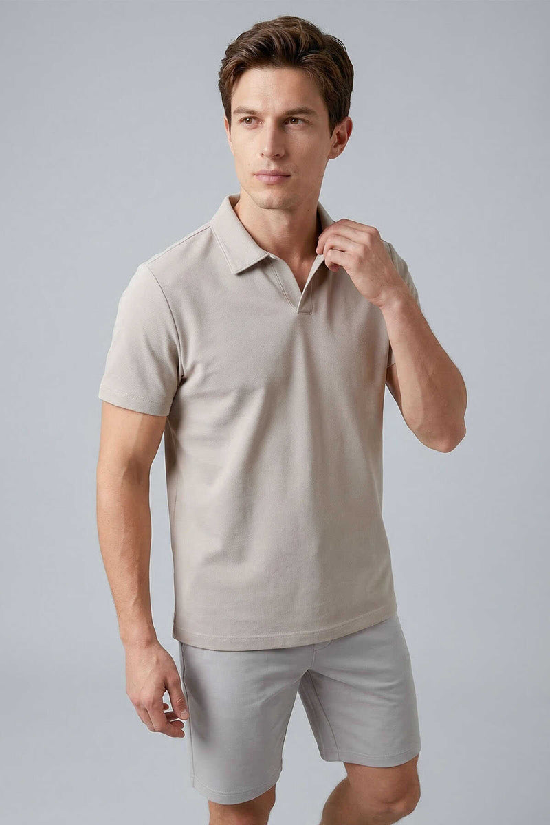 Tommylife Toptan Bej Rahat Form Yumuşak Dokulu Polo Yaka Erkek T-Shirt - 88496