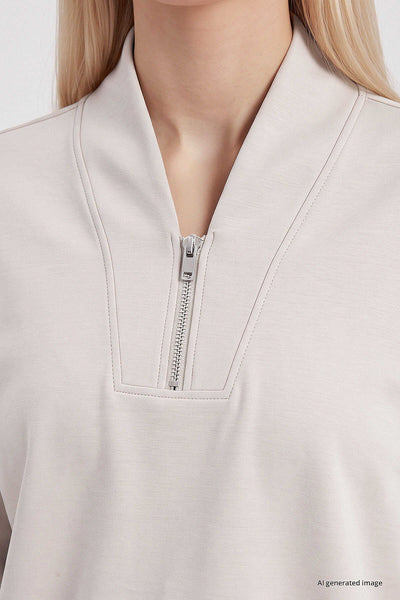 Tommylife Toptan Bej Standart Kalıp Crop Geniş Paça Kadın Eşofman Takım - 95359