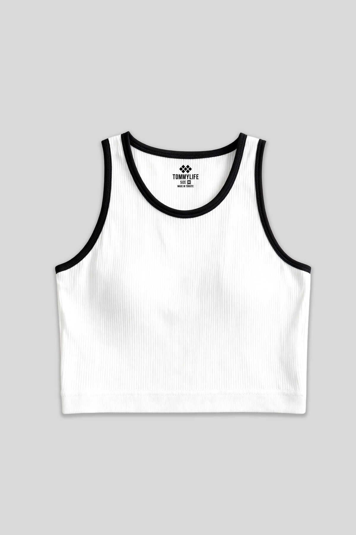 Maiou scurt pentru femei, alb, fără mâneci, croială slim fit, cu decolteu în U, Tommylife Wholesale - 97162