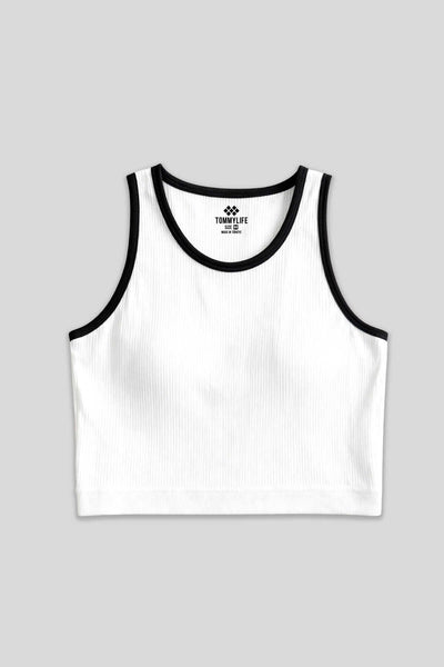 Maiou scurt pentru femei, alb, fără mâneci, croială slim fit, cu decolteu în U, Tommylife Wholesale - 97162