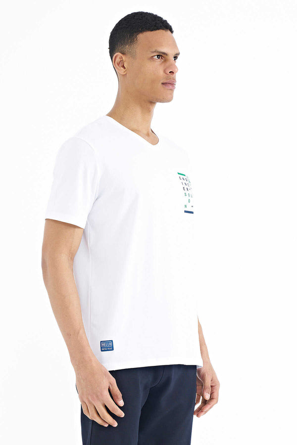 Tommylife Toptan Beyaz Baskı Detaylı V Yaka Standart Kalıp Erkek T-Shirt - 88186