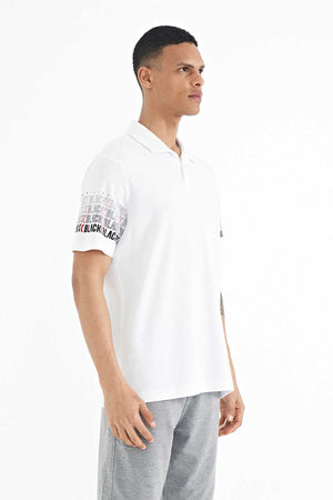 Tommylife Toptan Beyaz Kol Baskı Detaylı Polo Yaka Standart Form Erkek T-Shirt - 88240