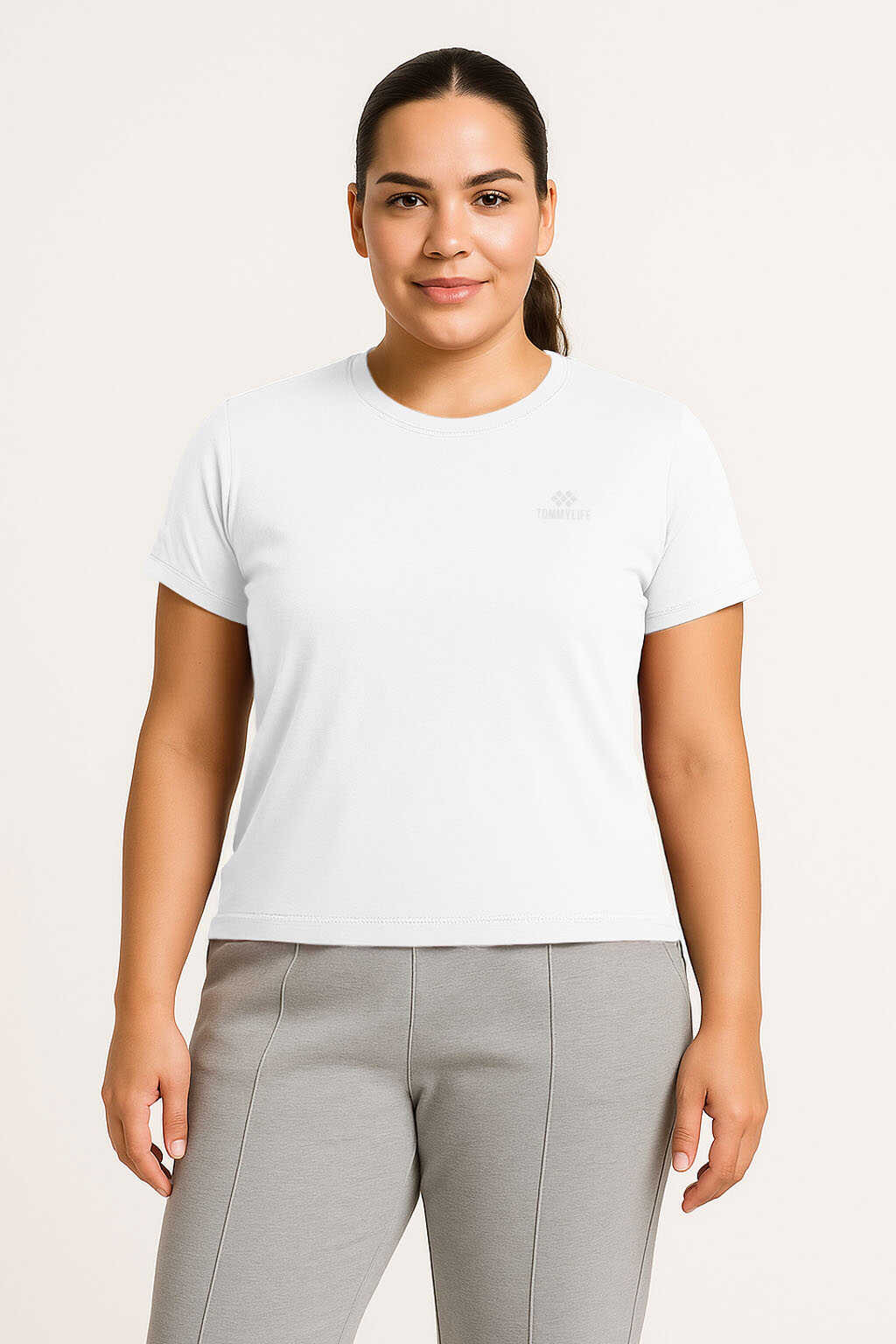 Tommylife Toptan Beyaz O Yaka Basic Battal Büyük Beden Kadın T-Shirt - 97308