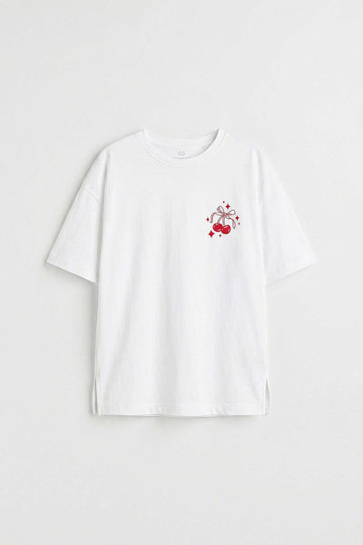 Tommylife Toptan Beyaz Oversize Kısa Kollu Baskılı Kız Çocuk T-Shirt - 75176