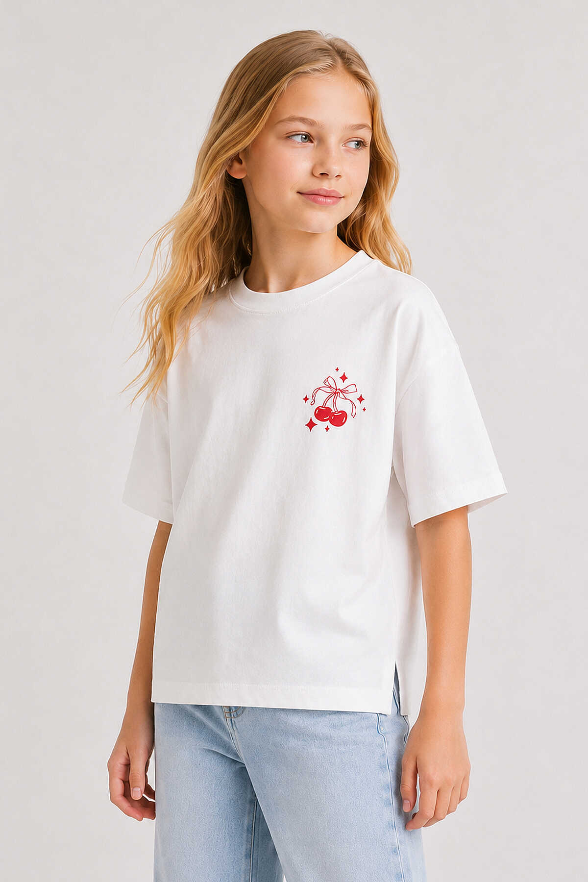 Tommylife Toptan Beyaz Oversize Kısa Kollu Baskılı Kız Çocuk T-Shirt - 75176