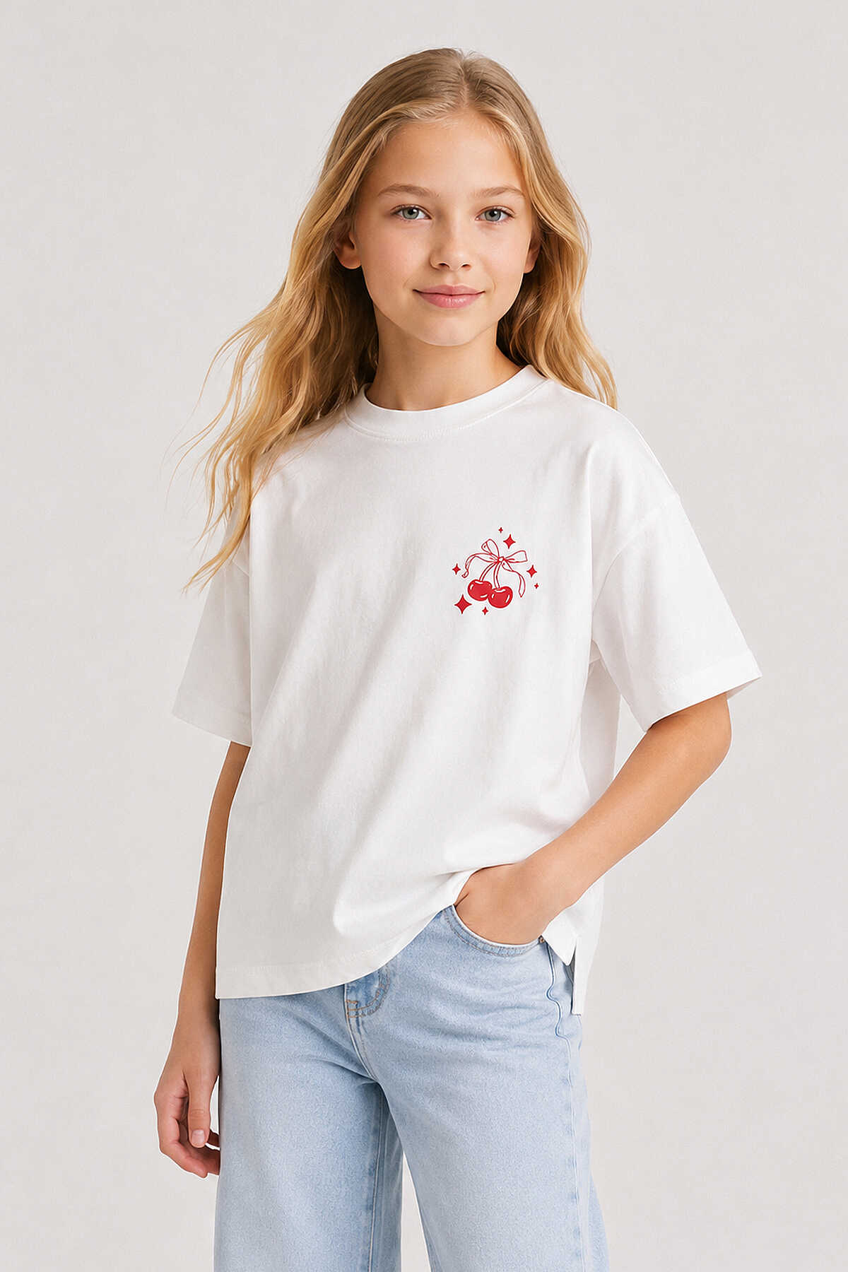 Tommylife Toptan Beyaz Oversize Kısa Kollu Baskılı Kız Çocuk T-Shirt - 75176