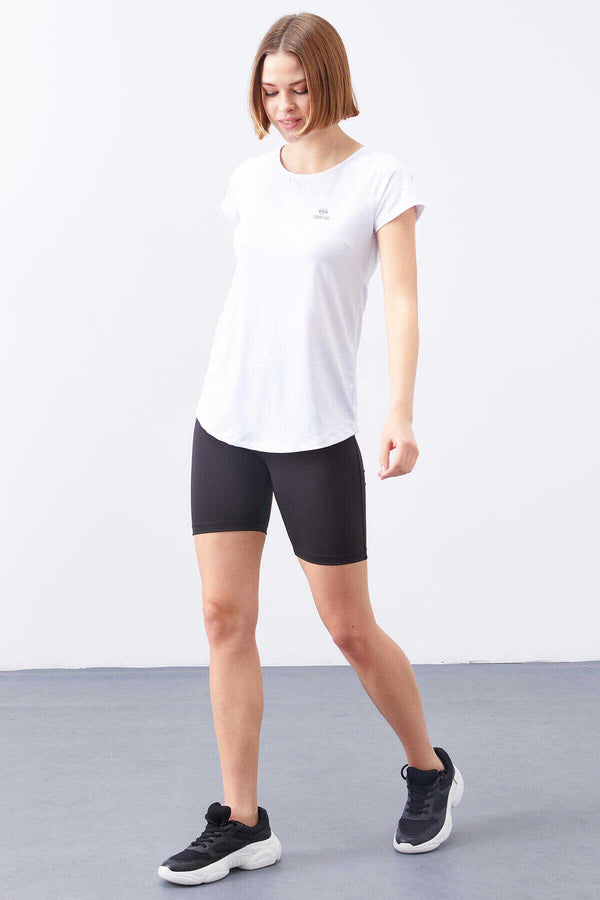 Tricou damă Tommylife Wholesale, alb, cu mânecă scurtă, croială standard, guler rotund, cu fereastră spate - 97101