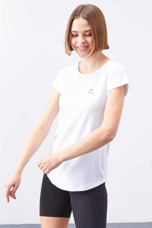 Tricou damă Tommylife Wholesale, alb, cu mânecă scurtă, croială standard, guler rotund, cu fereastră spate - 97101
