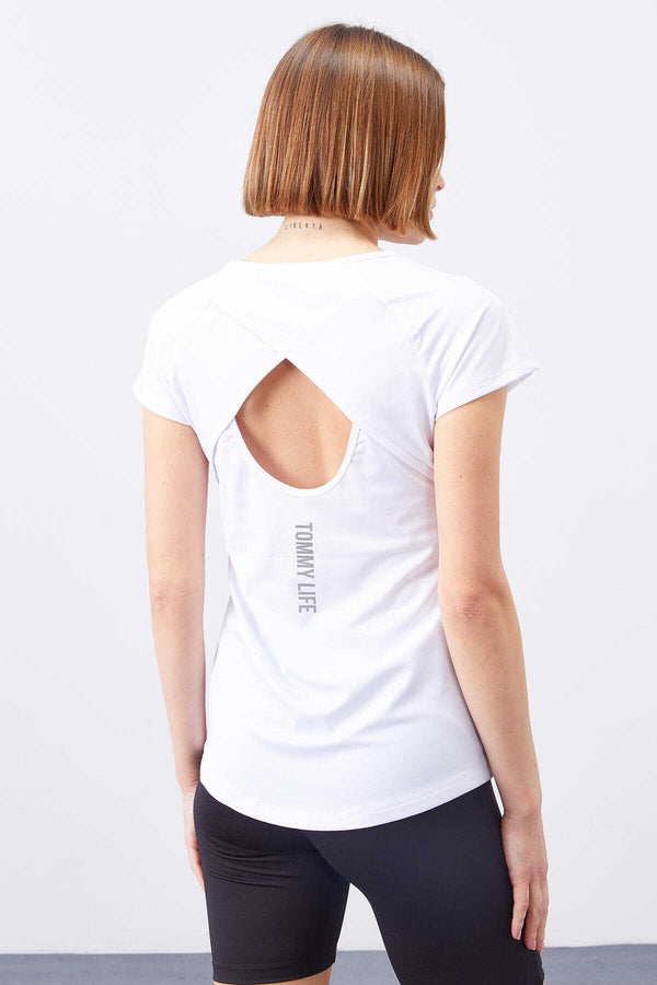 Tommylife Toptan Beyaz Sırt Pencereli Kısa Kol Standart Kalıp O Yaka Kadın T-Shirt - 97101