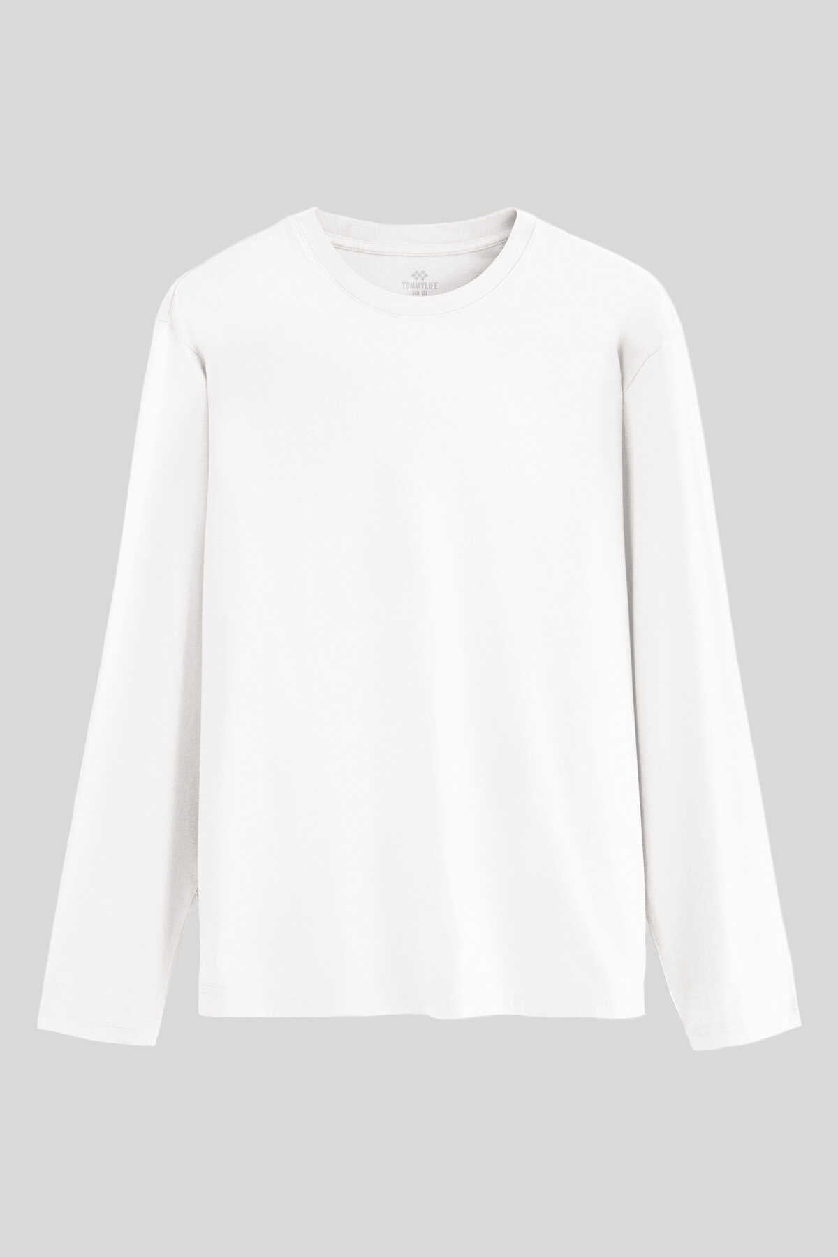 Tommylife Wholesale White Standard Fit Basic Crew Neck Long Sleeve Thin Men's T-Shirt - 87997