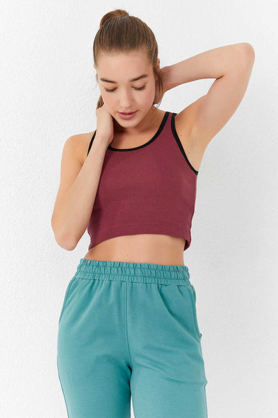 Tommylife Toptan Bordo Basic Sıfır Kol Dar Kalıp U Yaka Kadın Crop Top Atlet - 97162