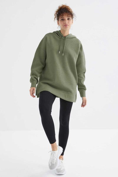 Tommylife Toptan Çağla Reglan Kol Basic Kapüşonlu Oversize Tunik - 97242