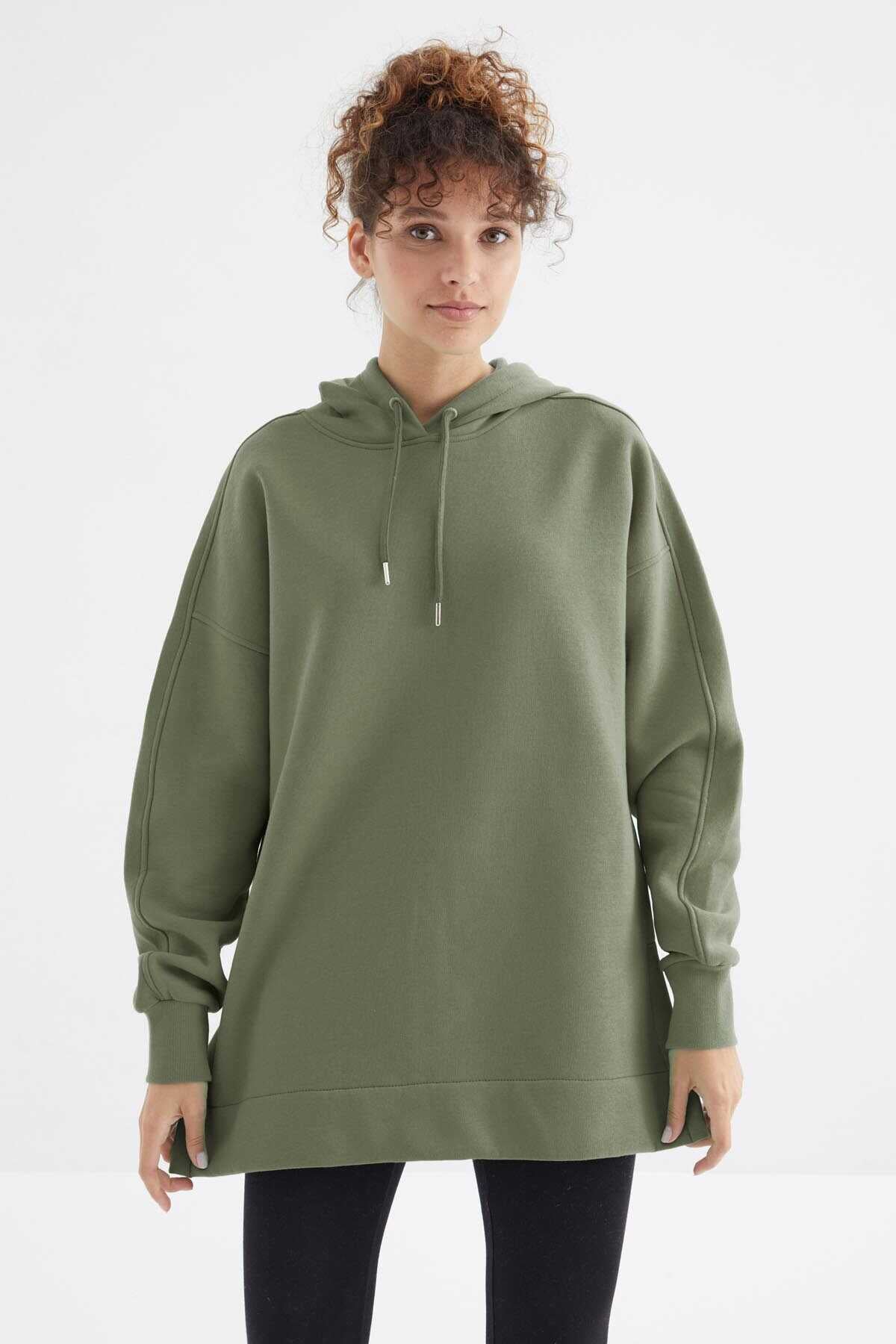 Tommylife Toptan Çağla Reglan Kol Basic Kapüşonlu Oversize Tunik - 97242