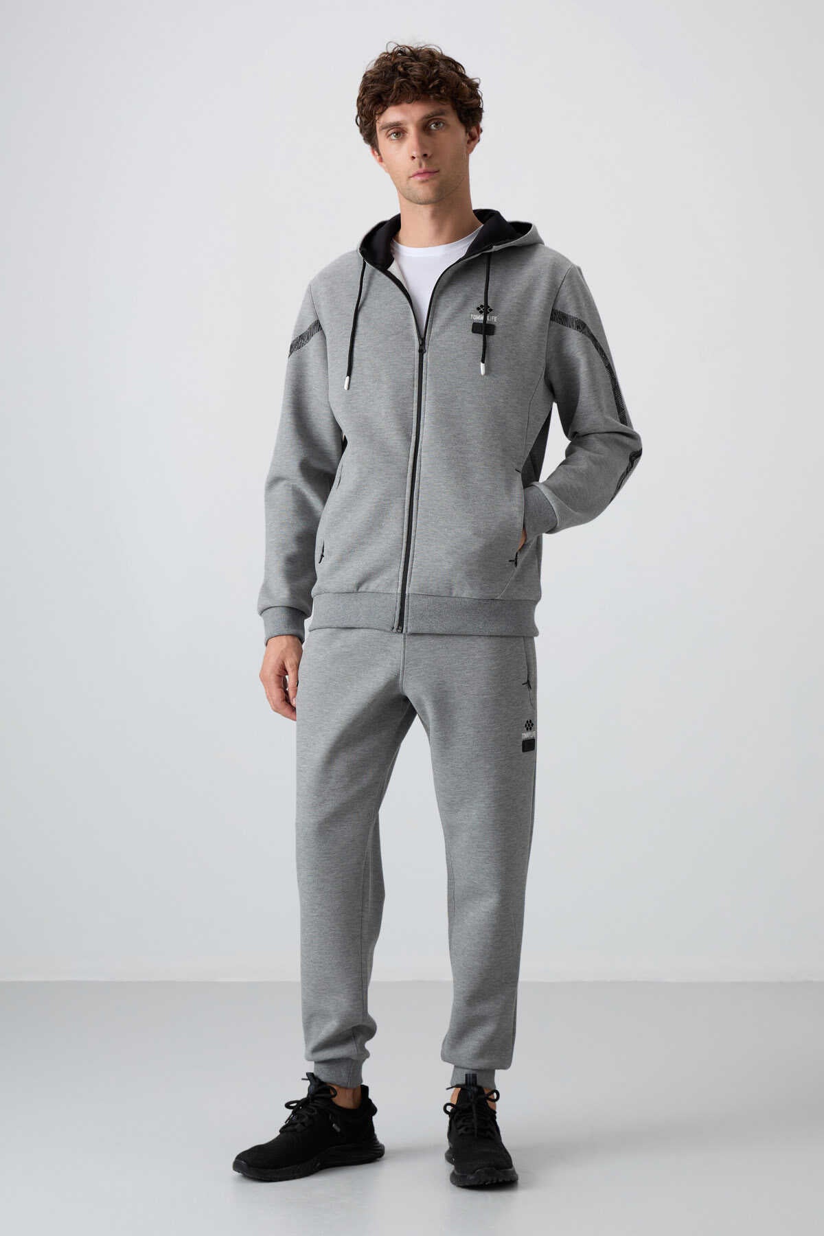 Tommylife Toptan Comfort Fit Baskılı Erkek Eşofman Takım 85236 Gri Melanj
