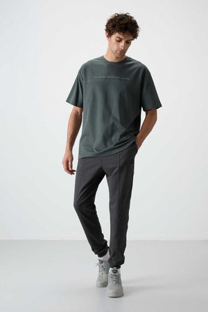 Tommylife Toptan Comfort Fit Nakışlı Erkek Jogger Eşofman Alt 82123 Antrasit Melanj