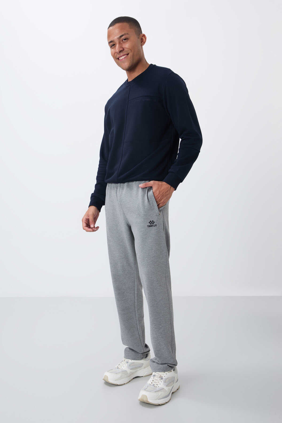 Tommylife Toptan Dar Kalıp Klasik Paça Erkek Eşofman Alt 84669 Gri Melanj