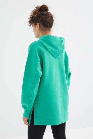 Tommylife Toptan Deniz Yeşili Reglan Kol Basic Kapüşonlu Oversize Tunik - 97242