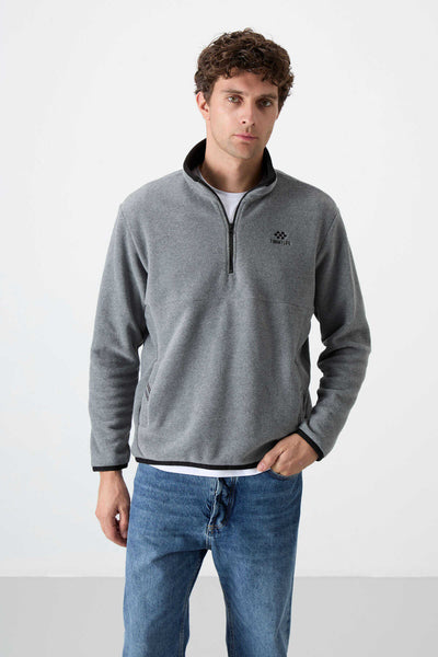 Hanorac din fleece pentru bărbați, cu guler înalt, croială slim fit și fermoar pe jumătate, Tommylife, gri melanj, 87891