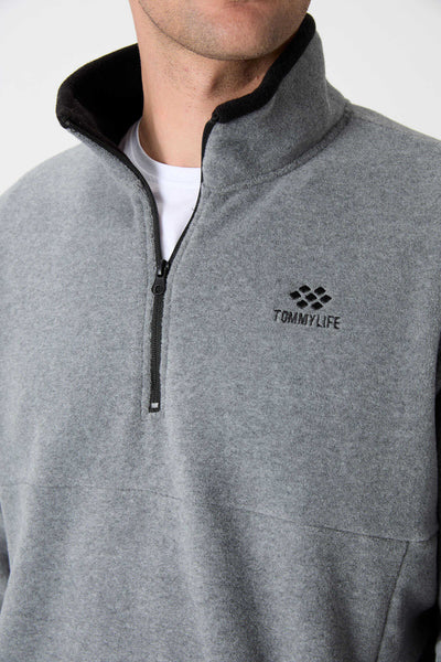 Hanorac din fleece pentru bărbați, cu guler înalt, croială slim fit și fermoar pe jumătate, Tommylife, gri melanj, 87891