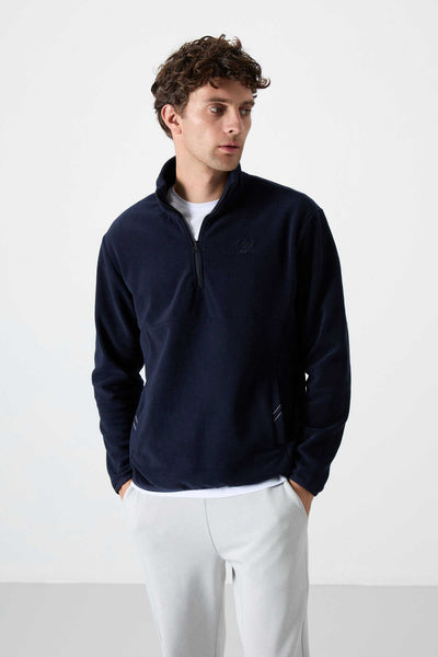 Tommylife Toptan Dik Yaka Dar Kalıp Yarım Fermuar Erkek Polar Sweatshirt 87891 Lacivert