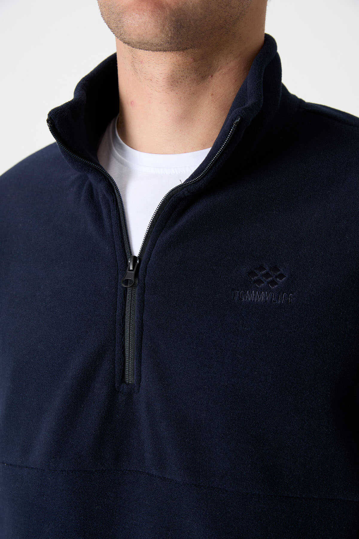 Tommylife Toptan Dik Yaka Dar Kalıp Yarım Fermuar Erkek Polar Sweatshirt 87891 Lacivert