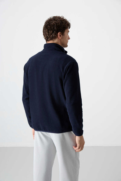 Tommylife Toptan Dik Yaka Dar Kalıp Yarım Fermuar Erkek Polar Sweatshirt 87891 Lacivert