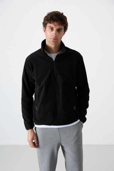 Tommylife Toptan Dik Yaka Dar Kalıp Yarım Fermuar Erkek Polar Sweatshirt 87891 Siyah