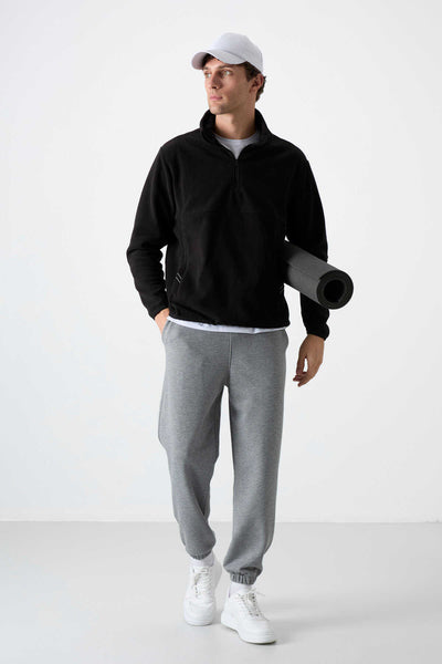 Tommylife Toptan Dik Yaka Dar Kalıp Yarım Fermuar Erkek Polar Sweatshirt 87891 Siyah