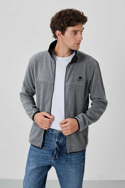 Tommylife Toptan Col Inalt Standard Fit Inchizator Barbati Polar Sweatshirt 87992 Gri Melange
