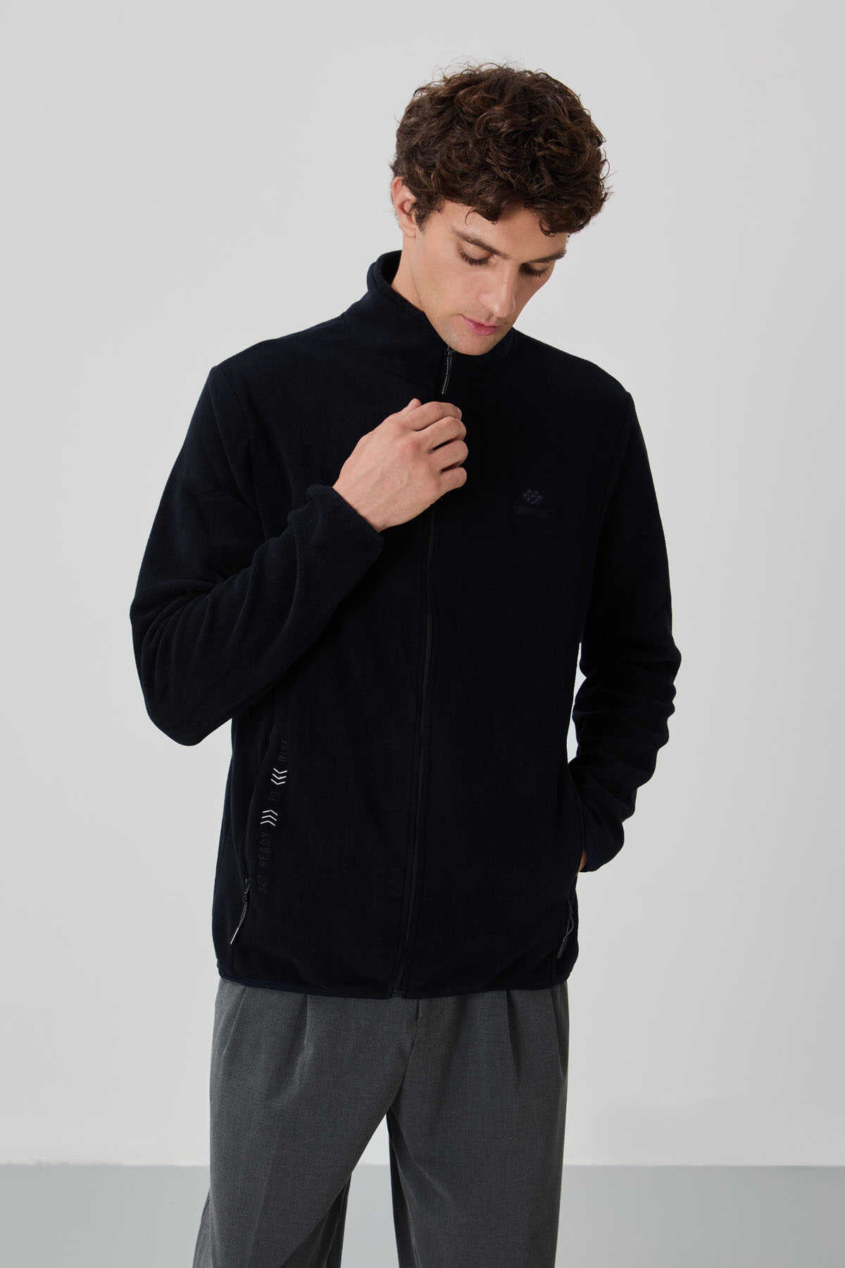 Tommylife Toptan Dik Yaka Standart Kalıp Fermuarlı Erkek Polar Sweatshirt 87992 Lacivert