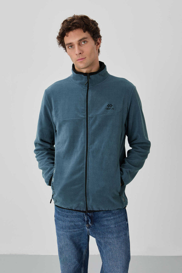 Tommylife Toptan Dik Yaka Standart Kalıp Fermuarlı Erkek Polar Sweatshirt 87992 Petrol