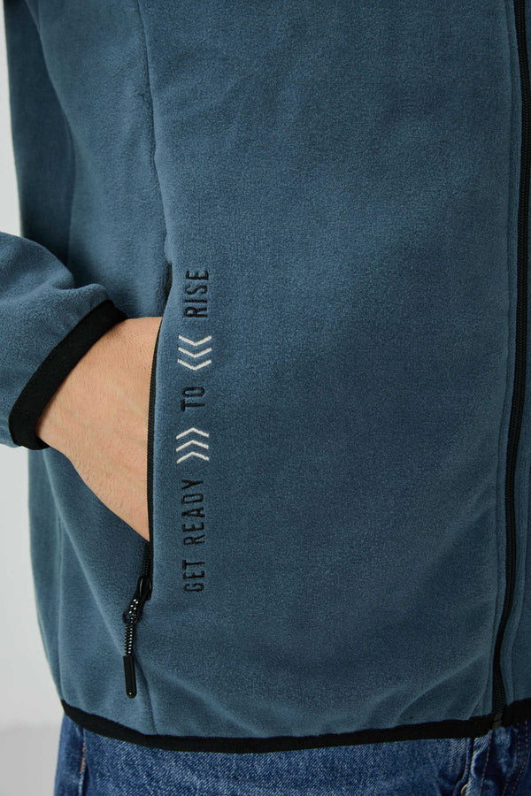 Tommylife Toptan Dik Yaka Standart Kalıp Fermuarlı Erkek Polar Sweatshirt 87992 Petrol