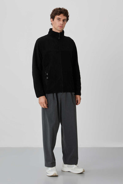 Tommylife Wholesale Stand Collar Standard Fit Zip-Up Men's Fleece Sweatshirt 87992 Black