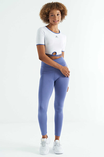 Tommylife Toptan Eflatun Logo Baskı Detaylı Yüksek Bel Dalgıç Kumaş Slim Fit Kadın Tayt - 94627