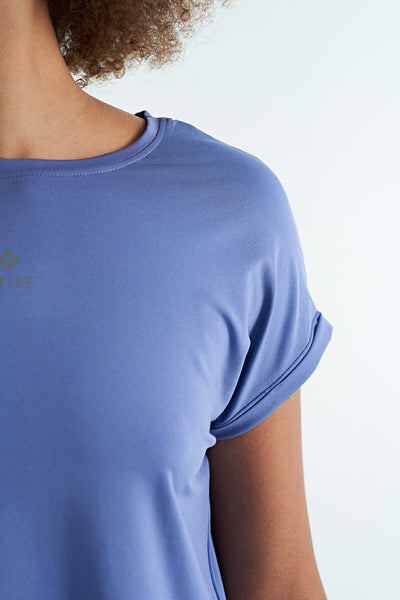 Tommylife Toptan Eflatun Logo Baskılı O Yaka Düşük Kol Oversize Kadın Crop T-Shirt - 97262