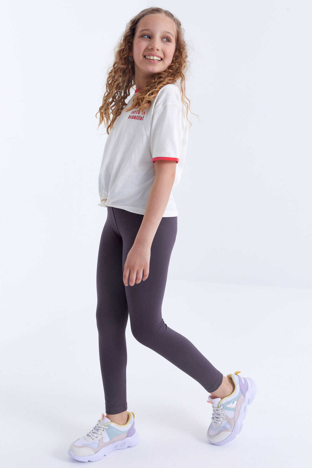 Tommylife Toptan Eflatun Yüksek Bel Dar Paça Kız Çocuk Tayt  - 75047